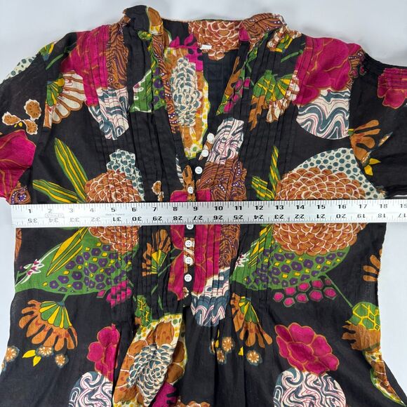 Boho Floral Tunic Blouse Womens Small Black Multicolor Peasant Top Lightweight - Picture 10 of 12
